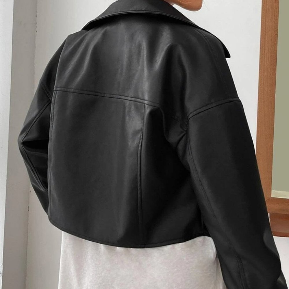 BLACK PU LEATHER ZIPPER BIKER JACKET - Picture 5 of 6